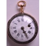 A MID 19TH CENTURY GOLD AND DIAMOND FOB WATCH with white enamel dial and black painted numerals. 1.