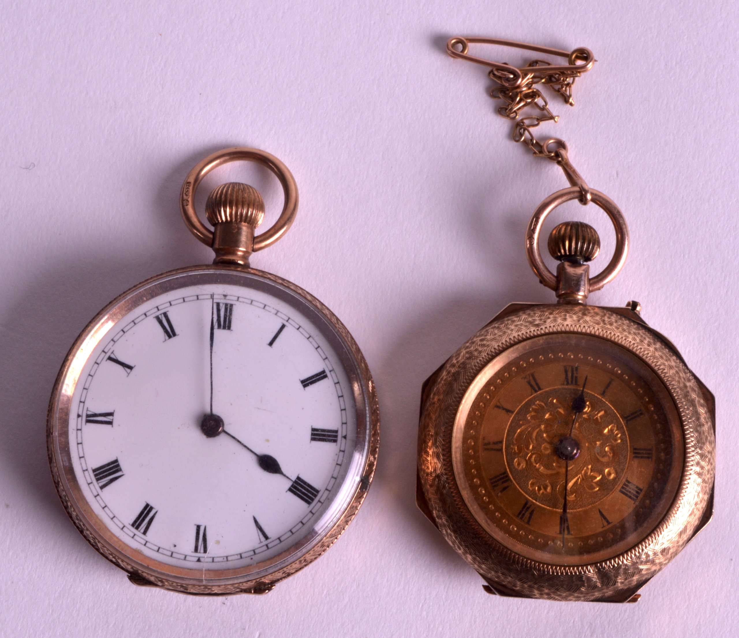 A LOVELY EDWARDIAN 9CT YELLOW GOLD AND ENAMEL FOB WATCH together with another 9ct yellow gold fob