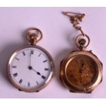 A LOVELY EDWARDIAN 9CT YELLOW GOLD AND ENAMEL FOB WATCH together with another 9ct yellow gold fob