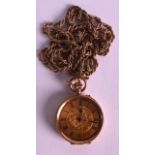 AN EDWARDIAN 14K YELLOW GOLD FOB WATCH with attached yellow metal chain. 1.25ins diameter.