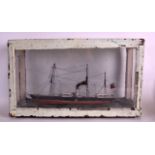 A 19TH CENTURY CASED STEAM AND SAIL POWERED CARGO SHIP with British flag, contained within a painted