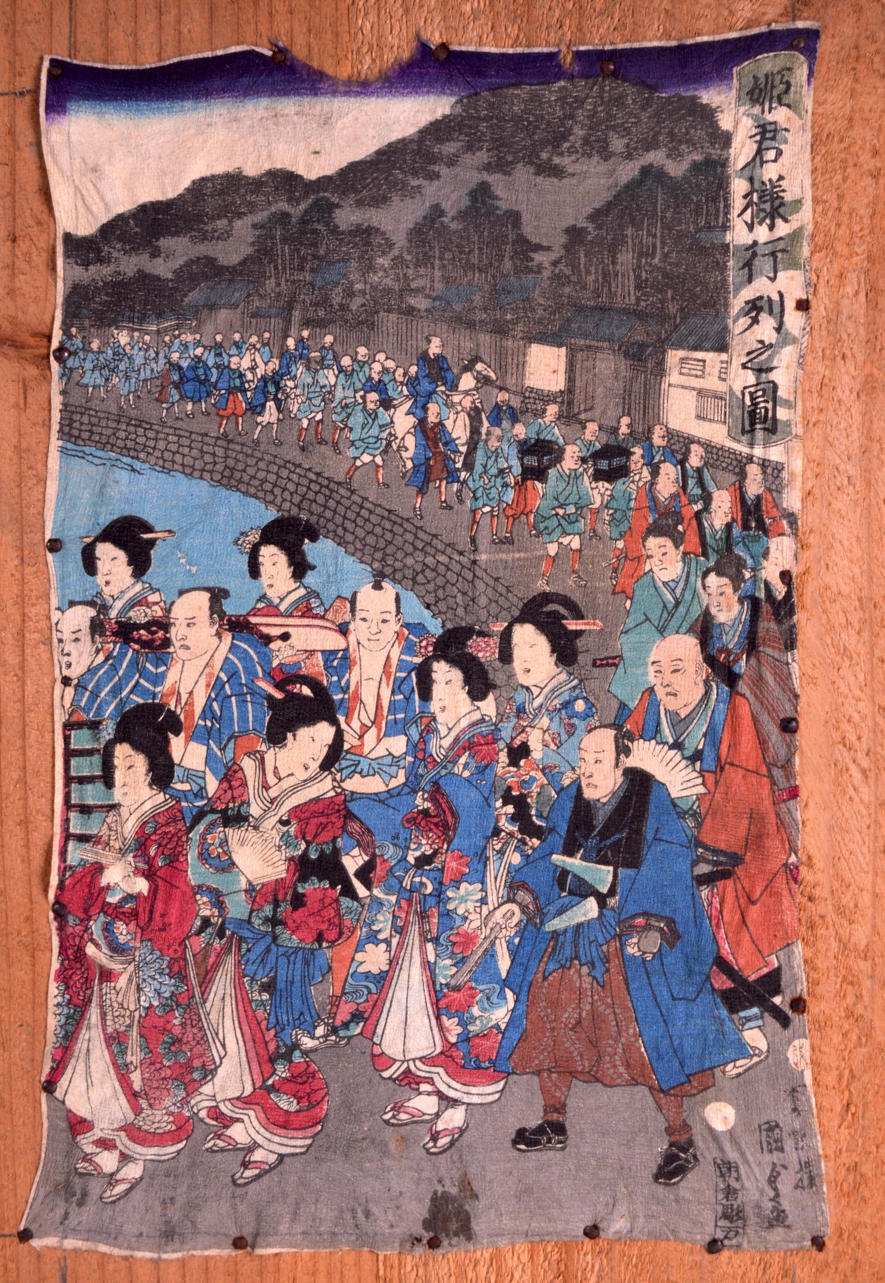 A 19TH CENTURY JAPANESE MEIJI PERIOD WOODBLOCK PRINT upon a wooden backing. Print 12ins x 8ins.