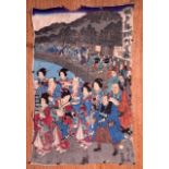 A 19TH CENTURY JAPANESE MEIJI PERIOD WOODBLOCK PRINT upon a wooden backing. Print 12ins x 8ins.