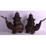 A PAIR OF 19TH CENTURY JAPANESE MEIJI PERIOD BRONZE ELEPHANT PAGODAS modelled with dragon