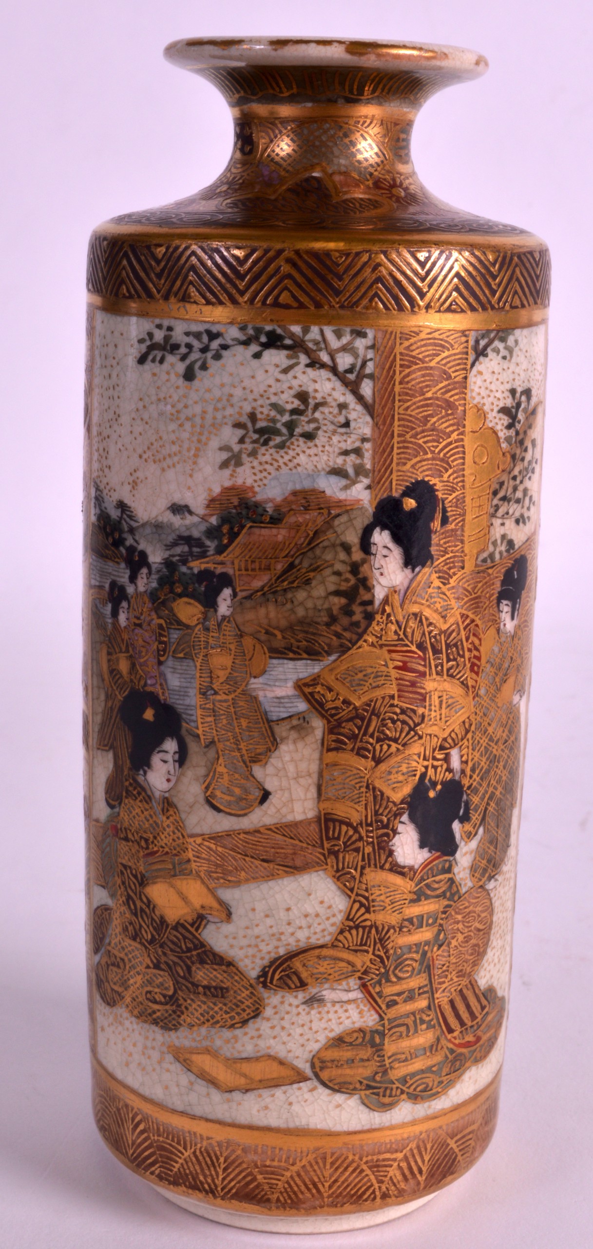 A 19TH CENTURY JAPANESE MEIJI PERIOD SATSUMA VASE painted with figures within landscapes. 6.5ins