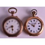 AN EDWARDIAN 9CT YELLOW GOLD LADIES FOB WATCH together with another gold engine turned fob watch.