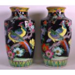 A PAIR OF EARLY 20TH CENTURY JAPANESE MEIJI PERIOD FAMILLE NOIRE VASES painted with birds and