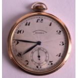 A 9CT YELLOW GOLD BRAVINGTONS RENOWN FOB WATCH. 1.75ins diameter.