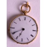 A LOVELY 18CT YELLOW GOLD LADIES ENAMEL FOB WATCH with delicately painted reverse depicting flowers.