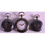 A GROUP OF THREE 19TH CENTURY SILVER NIELLO WORK FOB WATCHES of various designs. Largest 1.5ins