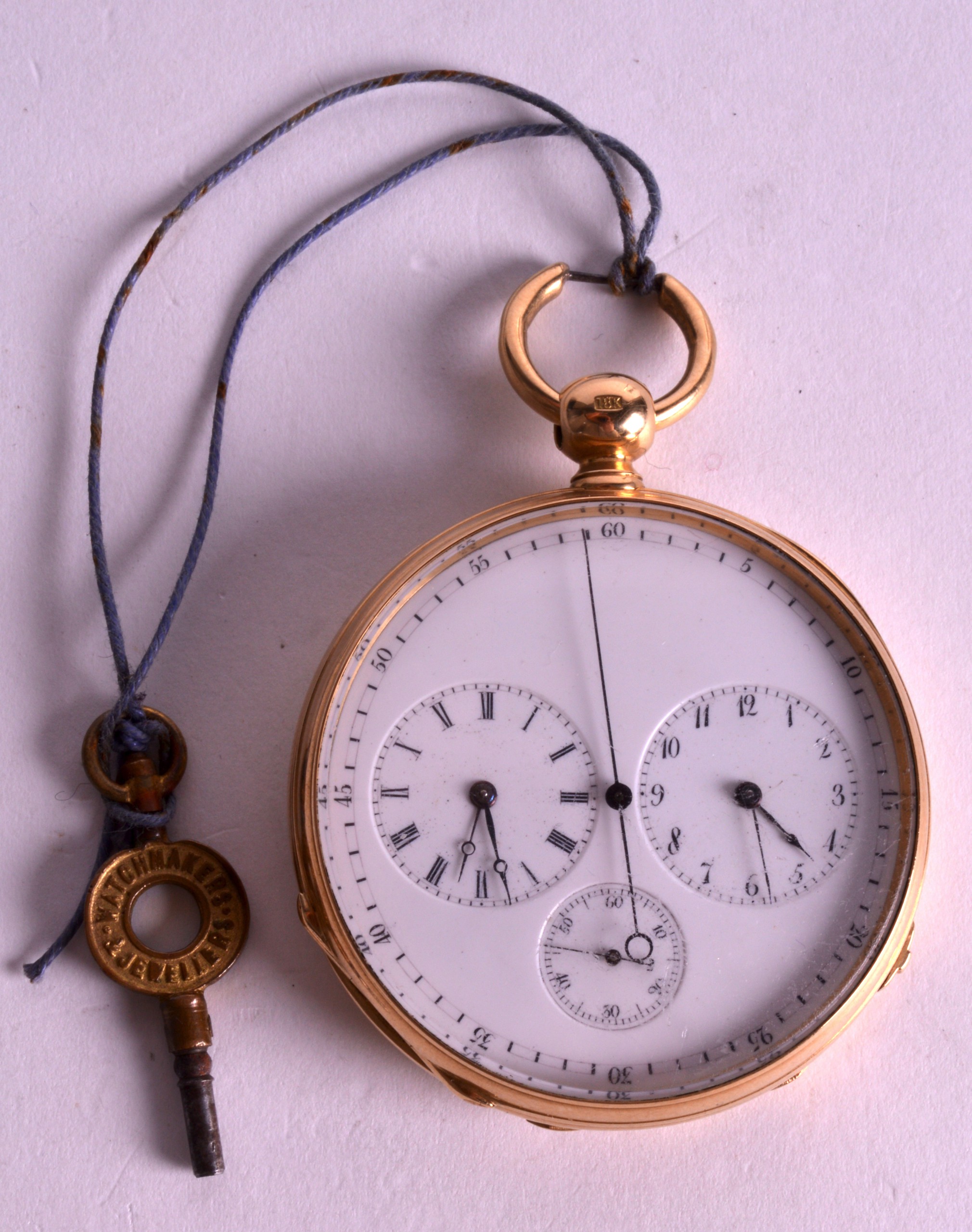 A FINE 18CT YELLOW GOLD TWIN DIAL GENTLEMANS POCKET WATCH with smaller subsiduary dial. Stamped