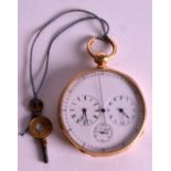 A FINE 18CT YELLOW GOLD TWIN DIAL GENTLEMANS POCKET WATCH with smaller subsiduary dial. Stamped