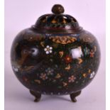 AN EARLY 20TH CENTURY JAPANESE MEIJI PERIOD CLOISONNE ENAMEL CENSER AND COVER decorated with birds