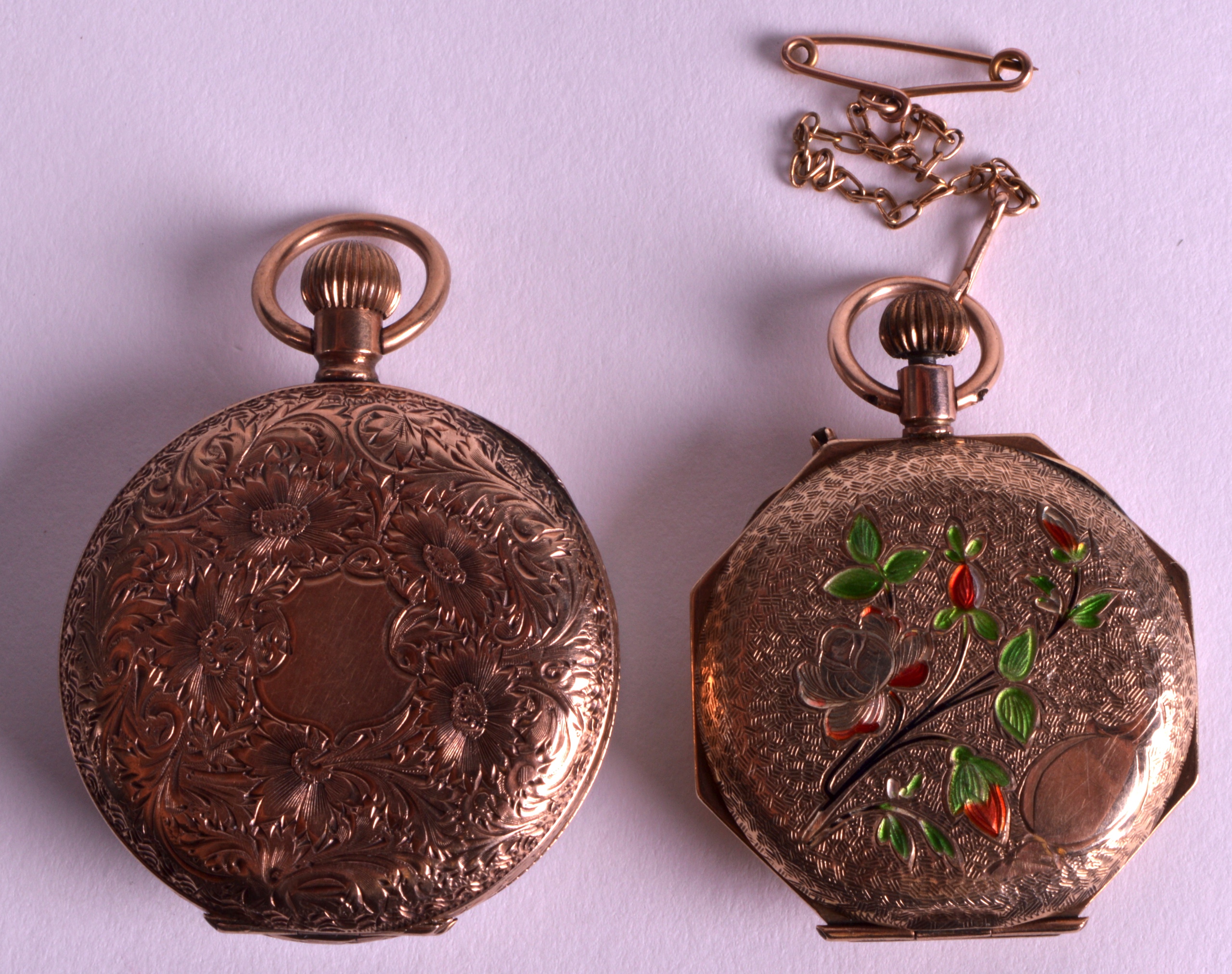 A LOVELY EDWARDIAN 9CT YELLOW GOLD AND ENAMEL FOB WATCH together with another 9ct yellow gold fob - Image 2 of 3