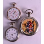 AN EARLY 20TH CENTURY SILVER LONGINES POCKET WATCH together with an unusual erotic pocket watch &