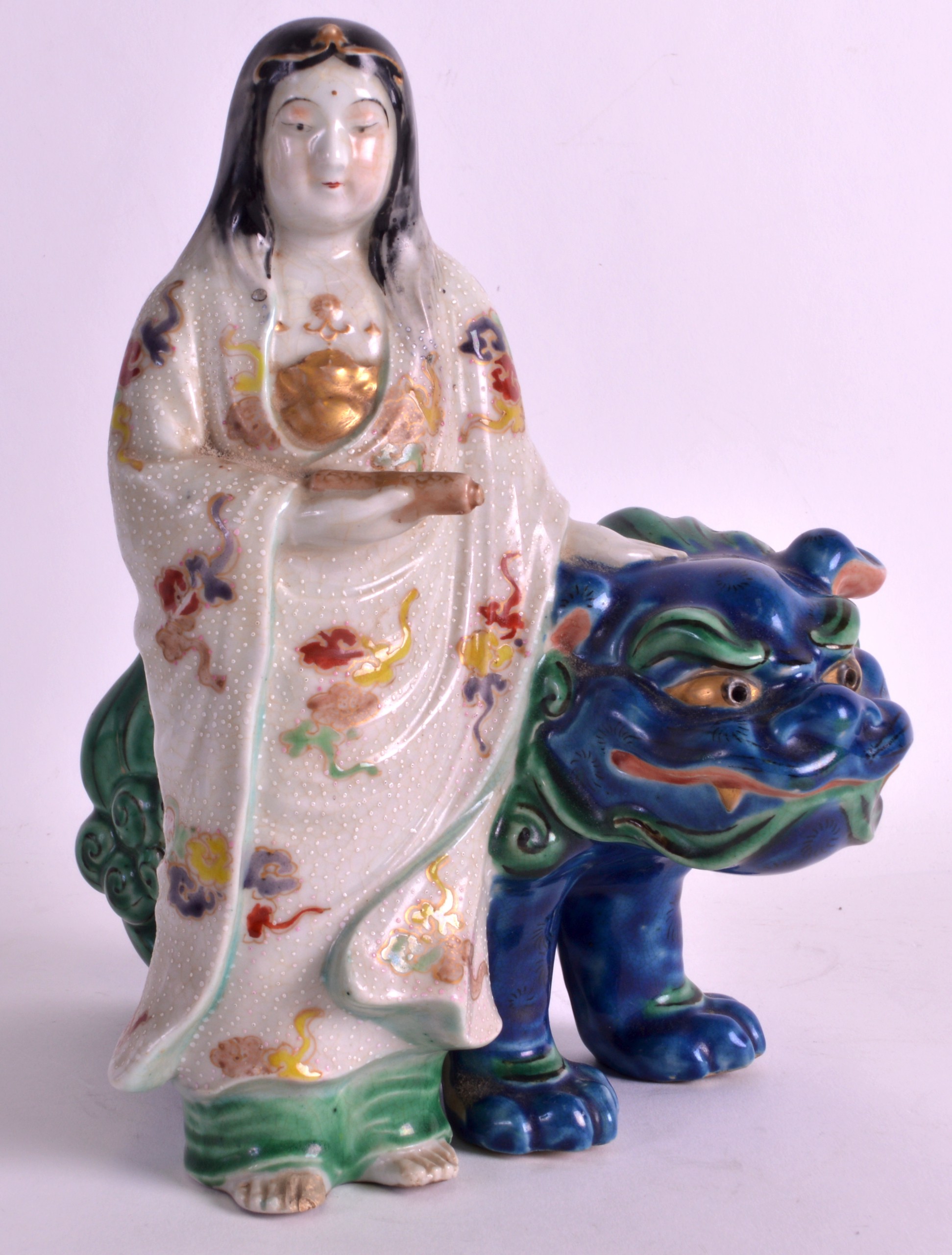 A 19TH CENTURY JAPANESE AO KUTANI FIGURE OF A FEMALE modelled as a female standing beside a