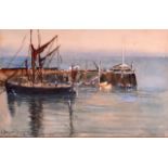 Lennox Browne (1841-1902) Watercolour, 'Harbour Scene'. Image 8.25ins x 5.5ins.