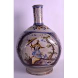 A GOOD 18TH/19TH CENTURY EUROPEAN FAIENCE GLAZED FLASK painted with scenes of Oriental figures