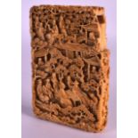 A MID 19TH CENTURY CHINESE CARVED CANTON IVORY CARD CASE AND COVER deeply formed with figures within