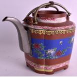 AN UNUSUAL EARLY 20TH CENTURY CHINESE YIXING POTTERY TEAPOT with central enamelled banding and