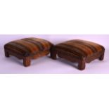 A PAIR OF 19TH CENTURY CONTINENTAL CARVED WALNUT STOOLS with striped upholstery. 9Ins square.