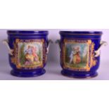 A PAIR OF EARLY 19TH CENTURY SEVRES CACHE POTS painted with classical scenes , within a white