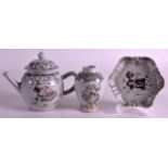 AN 18TH CENTURY CHINESE EXPORT 'EUROPEAN SUBJECT' TEAPOT with matching stand and tea caddy,