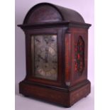 A GOOD 19TH CENTURY NINE BELL SATINWOOD INLAID BRACKET CLOCK with arched top, inlaid with flowers,