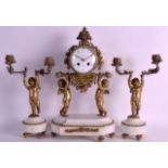 A 19TH CENTURY FRENCH BRONZE CLOCK GARNITURE modelled as two cherubs holding aloft a drum,