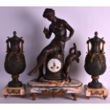 A MID 19TH CENTURY SPELTER CLOCK GARNITURE depicting a classical female, the vases overlaid with