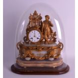 A MID 19TH CENTURY FRENCH GILT SPELTER MANTEL CLOCK under a glass dome, modelled as a standing