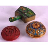 A 19TH CENTURY CHINESE CLOISONNE ENAMEL ROUGE POT AND COVER together with a lacquer box &