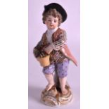 A 19TH CENTURY MEISSEN FIGURE OF A YOUNG BOY modelled in foliate embellished robes, holding a basket