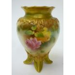 A ROYAL WORCESTER HADLEY PORCELAIN VASE, 1908, of ovoid form with strapwork moulded shoulders raised