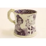 A STAFFORDSHIRE POTTERY VICTORIA CORONATION MUG, 1838, of waisted cylindrical form, printed in