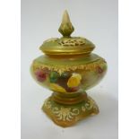 A ROYAL WORCESTER HADLEY PORCELAIN POT POURRI AND COVER, 1907, of squat globular form with strap