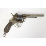 A 12MM BELGIAN PIN FIRE REVOLVER, c.1865, with 6 1/4" sighted barrel,  open frame, 6 shot blued