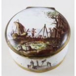 AN ENGLISH ENAMEL ON COPPER SNUFF BOX, mid 18th century, of waisted circular form, the slightly