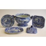 OXBRIDGE INTEREST BLUE AND WHITE PRINTED EARTHENWARE- A J. & W. Ridgway "Caius College, Cambridge"