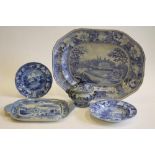 WARWICKSHIRE INTEREST BLUE AND WHITE PRINTED EARTHENWARE- A "Leomington Baths" (sic) meat plate, 21"