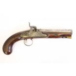 A PERCUSSION CAP PISTOL BY HIGHAM, 19th century, the 5 1/2" octagonal barrel with front and rear