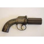 AN ENGLISH PEPPERBOX PISTOL, 19th century, with 3" rotating barrel section, scroll decorated