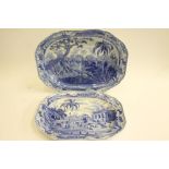 SPODE INDIAN SPORTING SERIES BLUE AND WHITE PRINTED EARTHENWARE-A "Shooting a Leopard" meat plate of