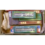 Ten coaches and three goods trucks by Airfix and Lima including B.R. red and Intercity coaches, most