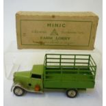 A Minic Market Gardeners Lorry, with high stake sides, clockwork, two tone green, boxed, 5 3/4" long