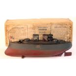 Sutcliffe Boats Warship, pre war, atmospheric motor, grey/maroon, 12 1/2" long, boxed (Illustrated)