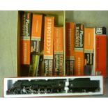 Jouef J.O. S.N.C.F. 241P steam locomotive in green, and six H.O. Jouet/Playcraft goods trucks and