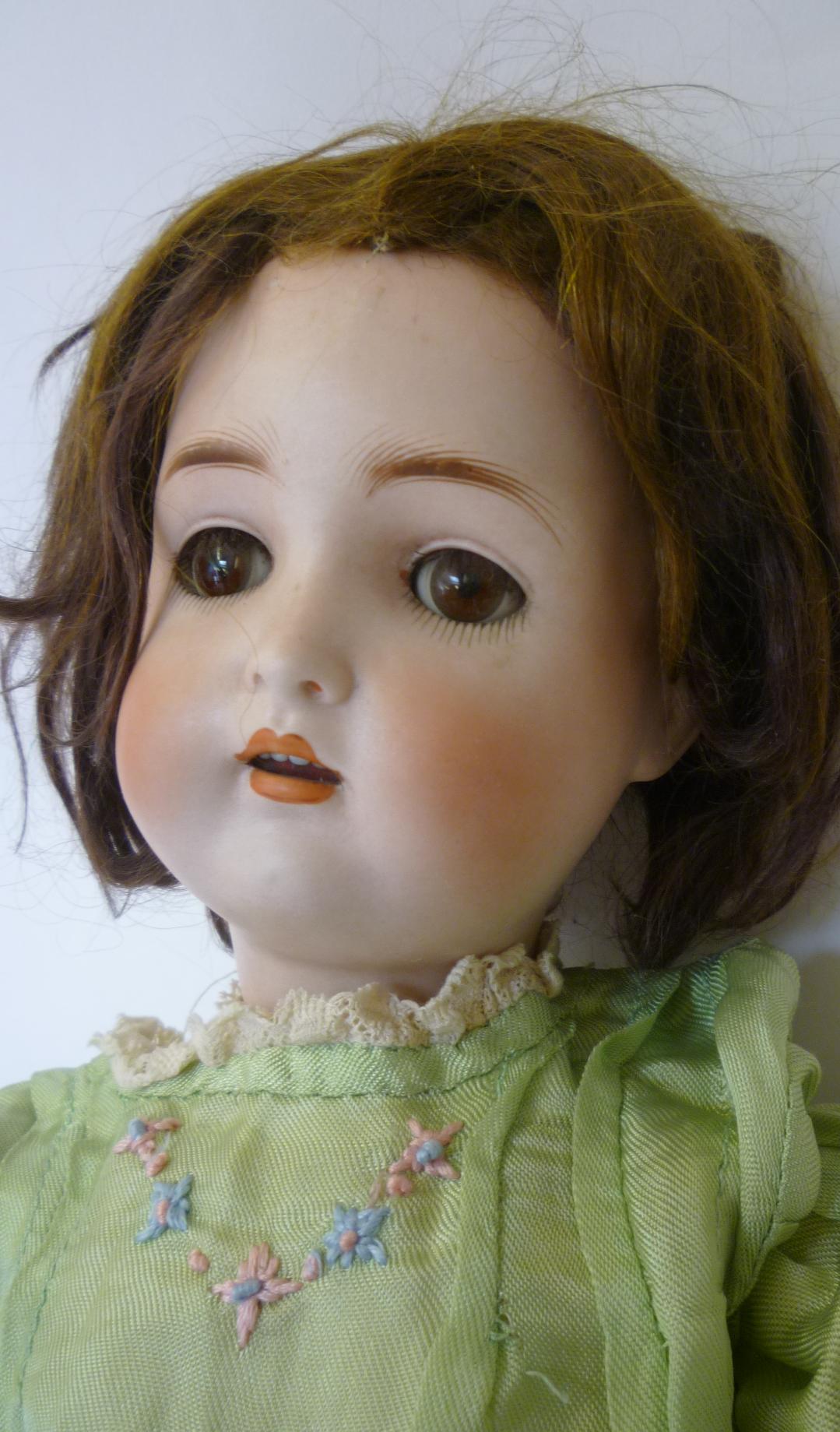 A Kestner bisque head girl doll with brown glass sleeping eyes, open mouth and teeth, brown mohair - Image 2 of 2