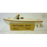 Sutcliffe Boats Sooty's Speedboat, clockwork, Sooty complete, cream with red line, no box, 10" long