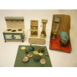 A doll's bathroom set, tinplate, comprising bath and high level W.C., another painted wood